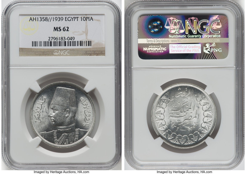 Farouk 3-Piece Lot of Certified Assorted Issues MS62 NGC, 1) 10 Piastres AH 1358...