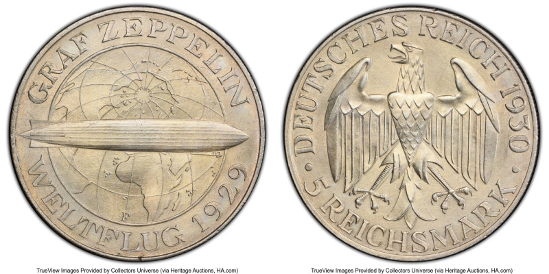 Weimar Republic "Zeppelin" 5 Mark 1930-F UNC Details (Harshly Cleaned) PCGS, Stu...