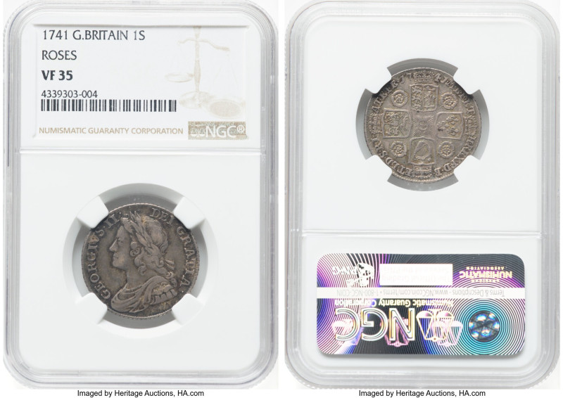 Pair of Certified Assorted Shillings NGC, 1) George II Shilling 1741 - VF35, KM5...