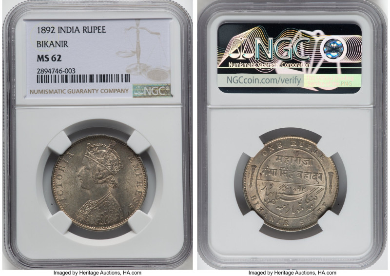 Bikanir. Ganga Singh Rupee 1892 MS62 NGC, KM72. HID09801242017 © 2023 Heritage A...