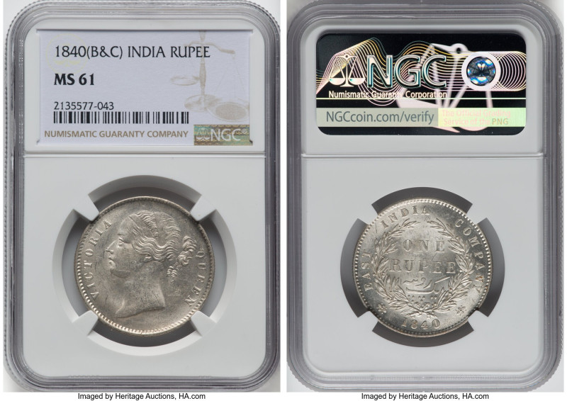 British India. Victoria Rupee 1840-(b & c) MS61 NGC, KM458. HID09801242017 © 202...