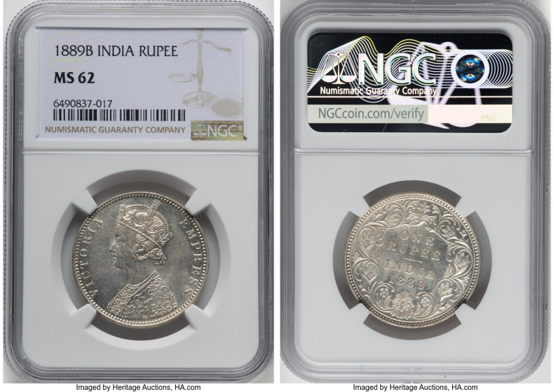 British India. Victoria Rupee 1889-B MS62 NGC, Bombay mint, KM492. Type C bust, ...