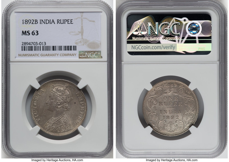 British India. Victoria Rupee 1892-B MS63 NGC, Bombay mint, KM492. Type C bust, ...