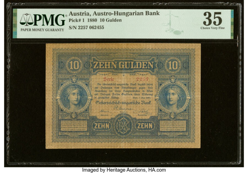 Austria Austro-Hungarian Bank 10 Gulden 1880 Pick 1 PMG Choice Very Fine 35. Fro...