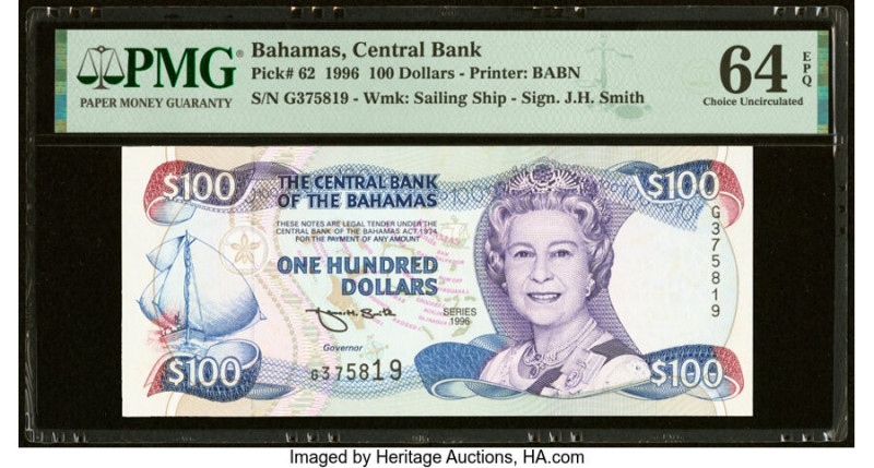 Bahamas Central Bank 100 Dollars 1996 Pick 62 PMG Choice Uncirculated 64 EPQ. HI...