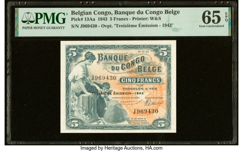 Belgian Congo Banque du Congo Belge 5 Francs 10.1.1943 Pick 13Aa PMG Gem Uncircu...