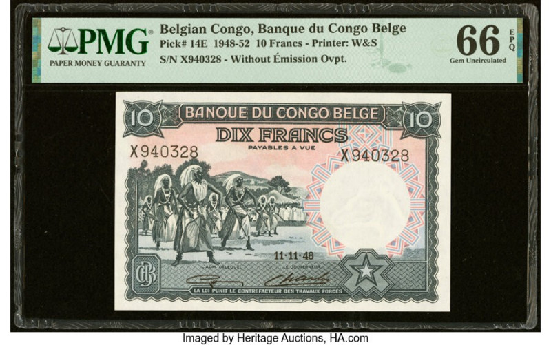 Belgian Congo Banque du Congo Belge 10 Francs 11.11.1948 Pick 14E PMG Gem Uncirc...