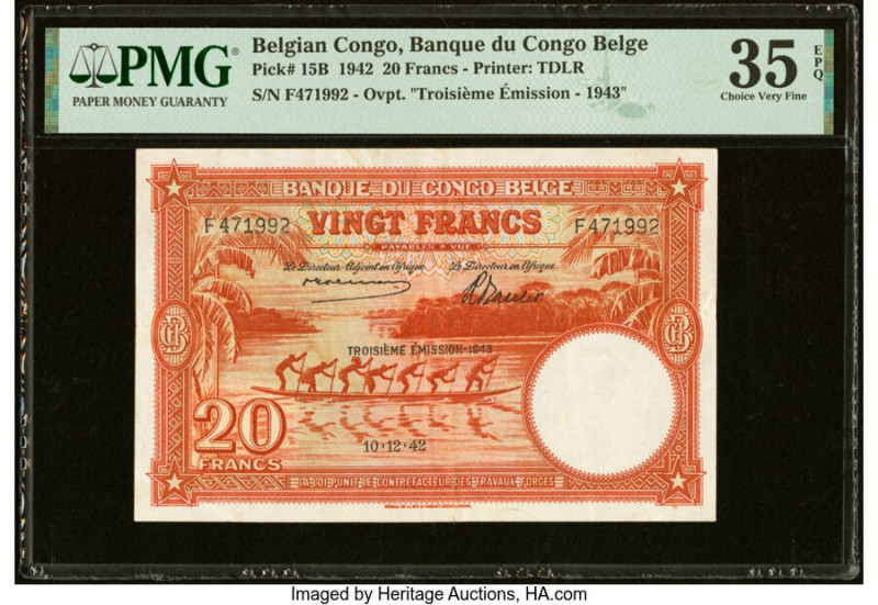 Belgian Congo Banque du Congo Belge 20 Francs 10.12.1942 Pick 15B PMG Choice Ver...