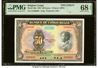 Belgian Congo Banque du Congo Belge 50 Francs 1951 Pick 16is Specimen PMG Superb Gem Unc 68 EPQ. Six POCs are noted and this example is graded top of ...