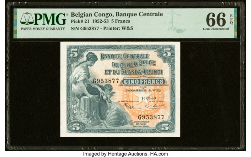 Belgian Congo Banque Centrale du Congo Belge 5 Francs 15.5.1953 Pick 21 PMG Gem ...