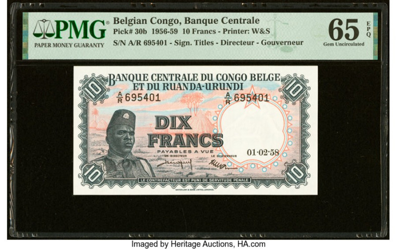 Belgian Congo Banque Centrale du Congo Belge 10 Francs 1.2.1958 Pick 30b PMG Gem...