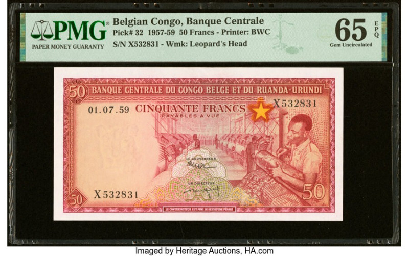 Belgian Congo Banque Centrale du Congo Belge 50 Francs 1.7.1959 Pick 32 PMG Gem ...