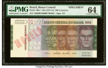 Brazil Banco Central Do Brasil 500 Cruzeiros ND (1972-74) Pick 196s1 Commemorative Specimen PMG Choice Uncirculated 64. Previous mounting and a perfor...