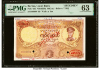 Burma Union Bank 50 Kyats ND (1958) Pick 50s Specimen PMG Choice Uncirculated 63. Two POCs, previous mounting and printer's annotations are noted. Fro...