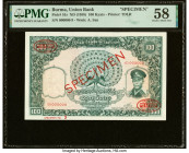 Burma Union Bank 100 Kyats ND (1958) Pick 51s Specimen PMG Choice About Unc 58. Previous mounting noted. From The Ibrahim Salem Collection HID09801242...