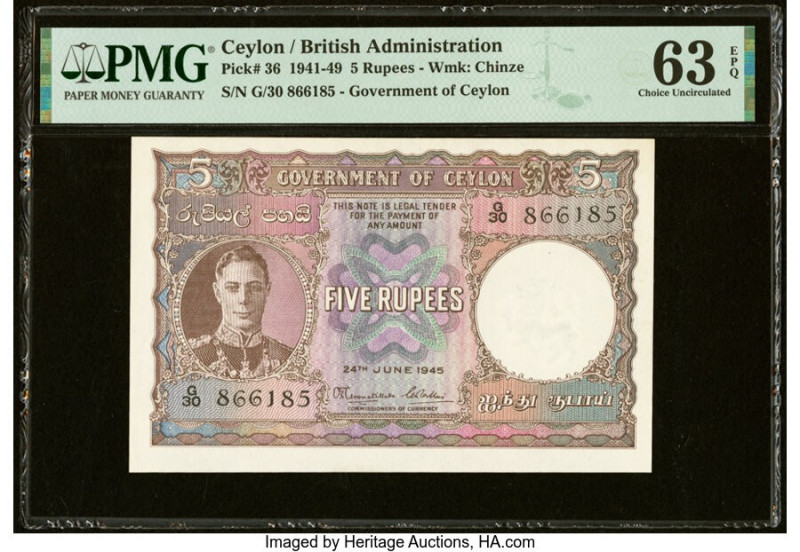 Ceylon Government of Ceylon 5 Rupees 24.6.1945 Pick 36 PMG Choice Uncirculated 6...