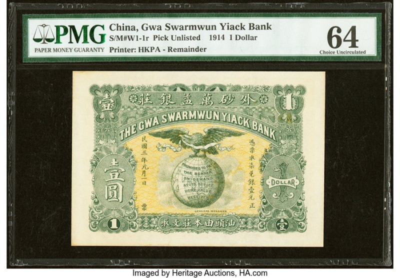China Gwa Swarmwun Yiack Bank 1 Dollar 1914 Pick UNL PMG Choice Uncirculated 64....
