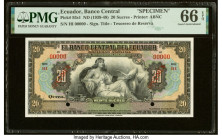 Ecuador Banco Central del Ecuador 20 Sucres ND (1939-49) Pick 93s1 Specimen PMG Gem Uncirculated 66 EPQ. Three POCs. From The Ibrahim Salem Collection...