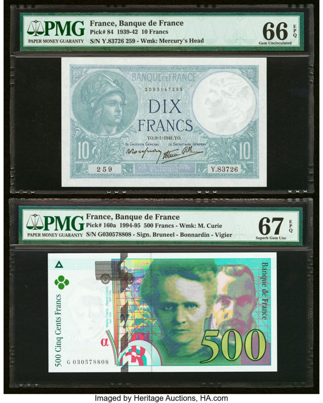 France Banque de France 10; 500 Francs 9.1.1941; 1994 Pick 84; 160a Two Examples...