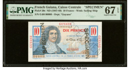 French Guiana Caisse Centrale de la France Libre 10 Francs ND (1947-49) Pick 20s Specimen PMG Superb Gem Unc 67 EPQ. A Specimen perforation is noted o...