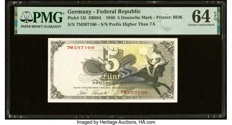 Germany Federal Republic Bank Deutscher Lander 5 Deutsche Mark 9.12.1948 Pick 13...