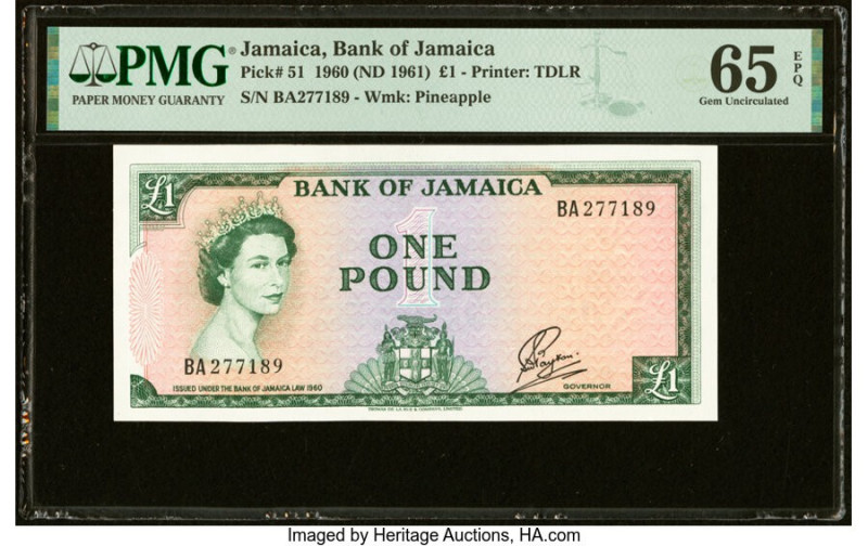 Jamaica Bank of Jamaica 1 Pound 1960 (ND 1961) Pick 51 PMG Gem Uncirculated 65 E...