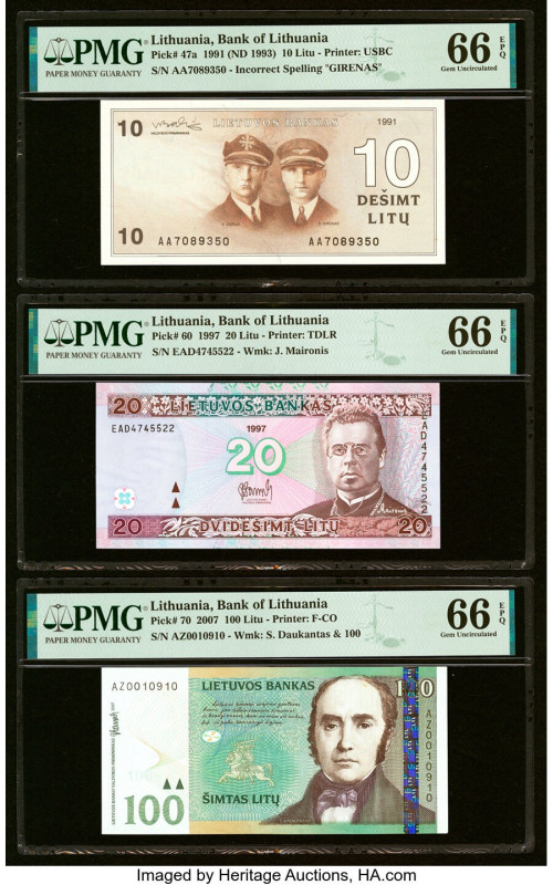 Lithuania Bank of Lithuania 10; 20; 100 Litu 1991 (ND 1993); 1997; 2007 Pick 47a...