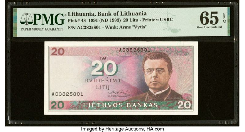 Lithuania Bank of Lithuania 20 Litu 1991 (ND 1993) Pick 48 PMG Gem Uncirculated ...