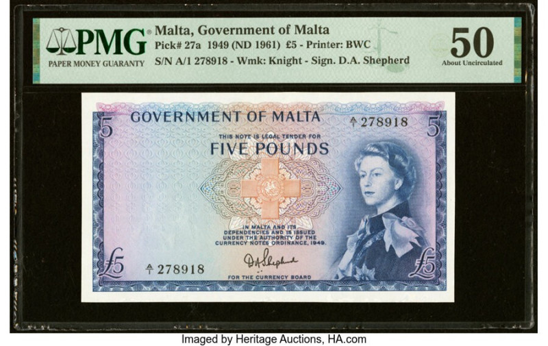 Malta Government of Malta 5 Pounds 1949 (ND 1961) Pick 27a PMG About Uncirculate...