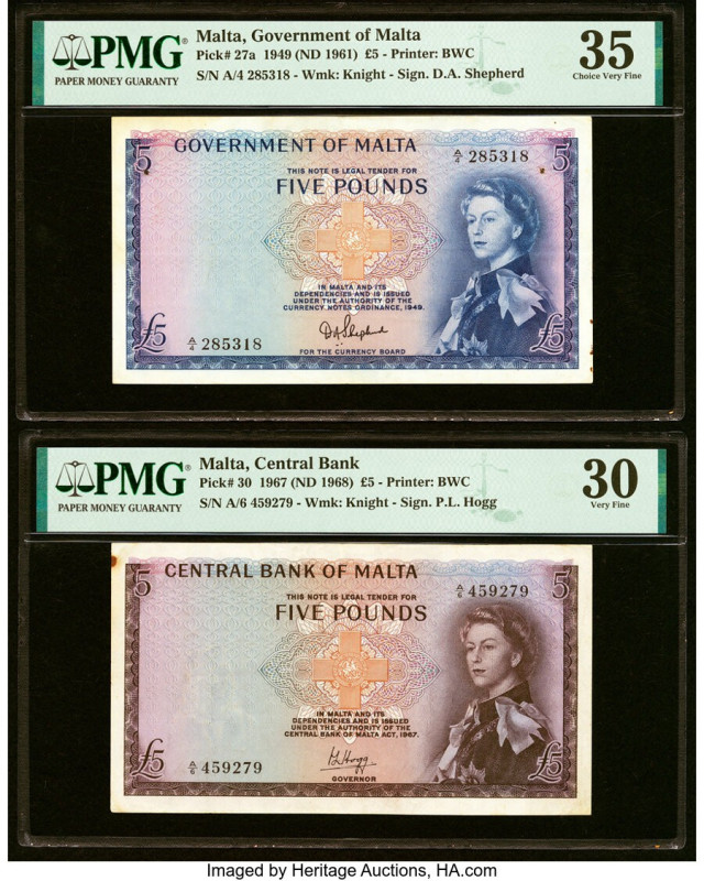 Malta Government of Malta; Central Bank 5 Pounds 1949 (ND 1961); 1967 (ND 1968) ...