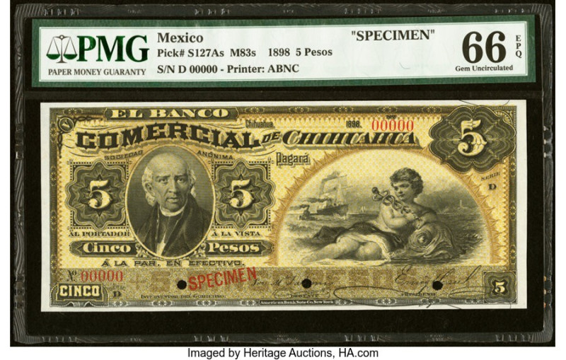 Mexico Banco Comercial de Chihuahua 5 Pesos 1898 Pick S127As M83s Specimen PMG G...