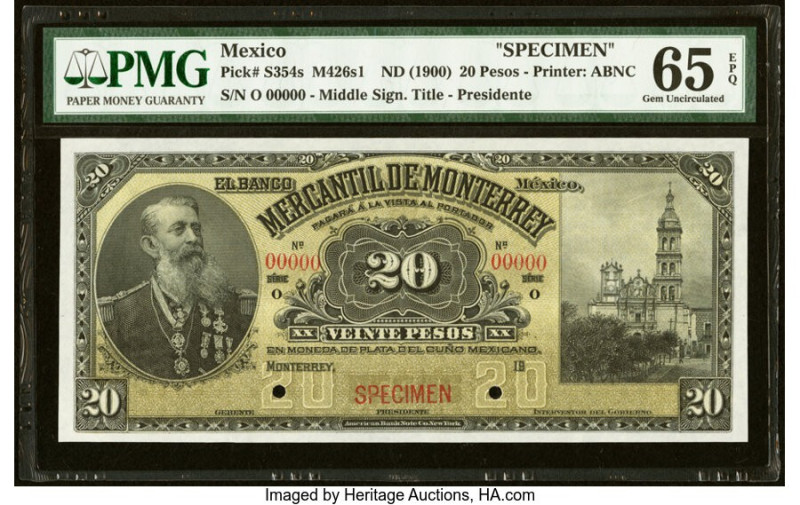 Mexico Banco Mercantil de Monterrey 20 Pesos ND (1900) Pick S354s M426s1 Specime...