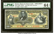 Mexico Banco de Nuevo Leon 50 Pesos ND (1897-1913) Pick S363s M437s Specimen PMG Choice Uncirculated 64 EPQ. Three POCs and a printer's stamp noted. H...