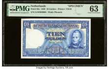 Netherlands Netherlands Bank 10 Gulden 1949 Pick 83s Specimen PMG Choice Uncirculated 63. A Cancelled perforation and previous mounting are noted. Fro...