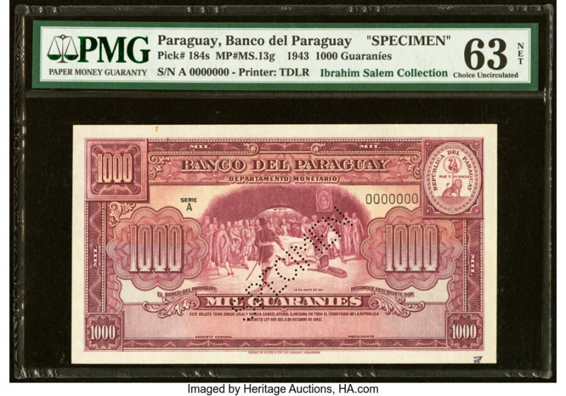 Paraguay Banco del Paraguay 1000 Guaranies 1943 Pick 184s Specimen PMG Choice Un...