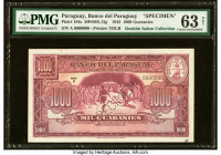 Paraguay Banco del Paraguay 1000 Guaranies 1943 Pick 184s Specimen PMG Choice Uncirculated 63 Net. Specimen perforation, printer's annotations and rus...