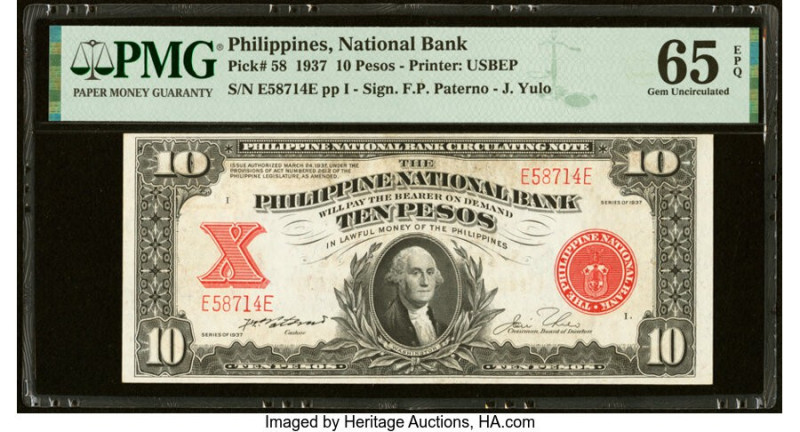 Philippines Philippine National Bank 10 Pesos 24.3.1937 Pick 58 PMG Gem Uncircul...