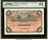 South Africa Natal Bank Limited 10 Pounds ND (1850-1906) Pick S468s Specimen PMG Choice Uncirculated 64. A Specimen perforation is noted. From The Ibr...