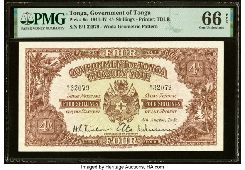 Tonga Government of Tonga 4 Shillings 4.8.1942 Pick 9a PMG Gem Uncirculated 66 E...