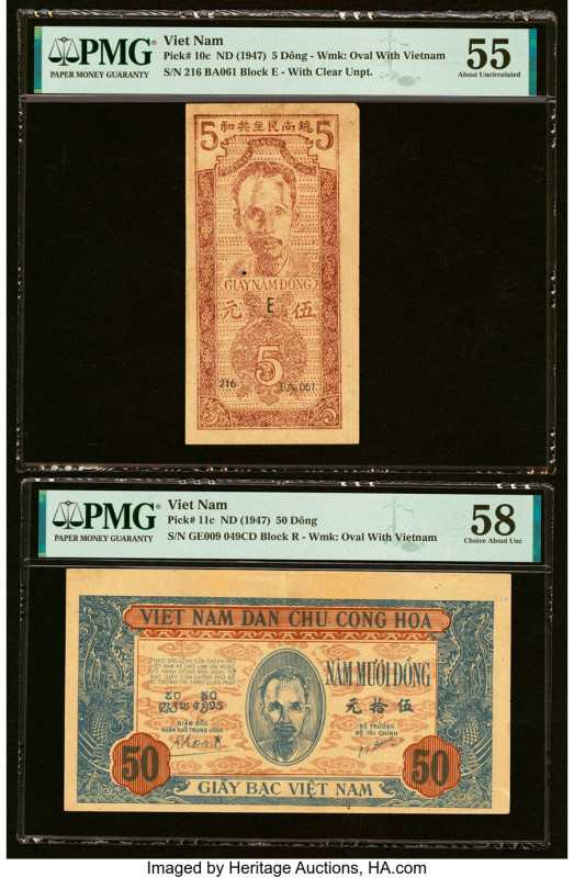 Vietnam Giay Bac Viet Nam 5; 50 Dong ND (1947) Pick 10c; 11c Two Examples PMG Ab...