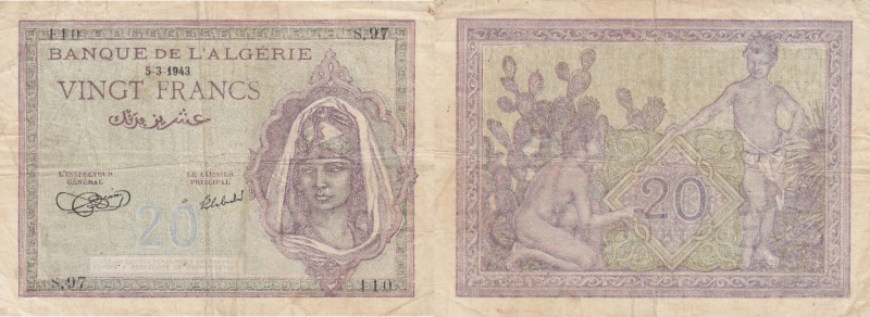 Algeria, 20 Francs, 1943, FINE /VF, p92a
serial number: S.97 110