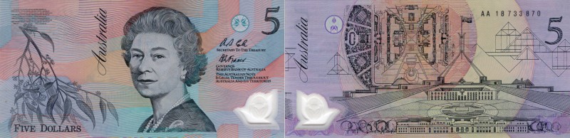 Australia, 5 Dollars, 1995, UNC, p51
Queen Elizabeth II at center, Gum Flower a...
