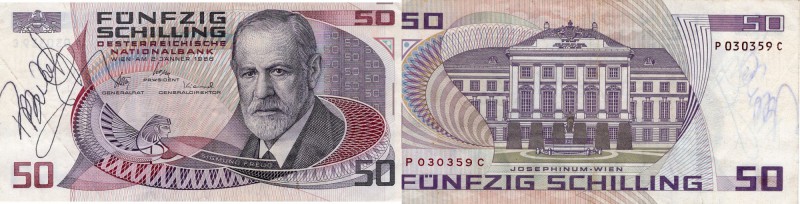 Austria, 50 Shillings, 1986, XF, p149
Federal Arms at upper left, Sigmond Freud...