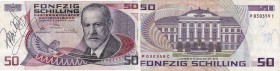 Austria, 50 Shillings, 1986, XF, p149
Federal Arms at upper left, Sigmond Freud at right, Josephinum Medical School at back, Serial No: P 030359 C