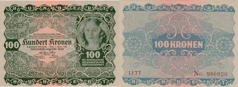 Austria, 100 Kronen, 1922, UNC, p77
serial number: 986920