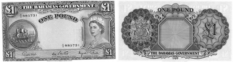 Bahamas, 1 Pound, 1963, AUNC, p15d
Queen Elizabeth II portrait, serial number: ...