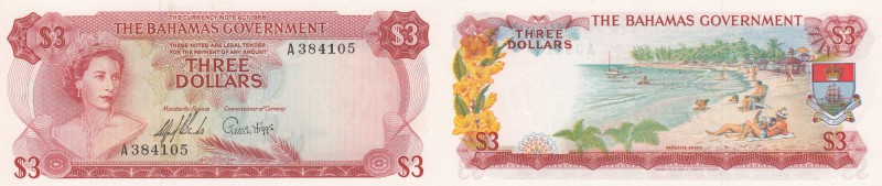 Bahamas, 3 Dollars, 1965, UNC, p19a
Queen Elizabeth II serial number: A 3841105...