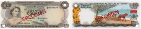 Bahamas, 20 Dollars, 1968, UNC, p31s
SPECIMEN, Queen Elizabeth II at left, Serial No: B 000000