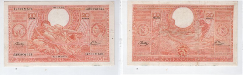 Belgium, 100 Francs-20 Belgas, 1944, VF, p114
PMG 35, serial number: 12539.M.52...