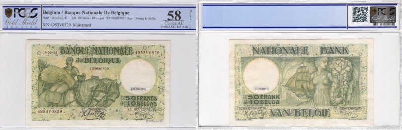 Belgium, 50 Francs-10 Belgas, 1943, AUNC (+), p106
PCGS 58, serial number: 4953...
